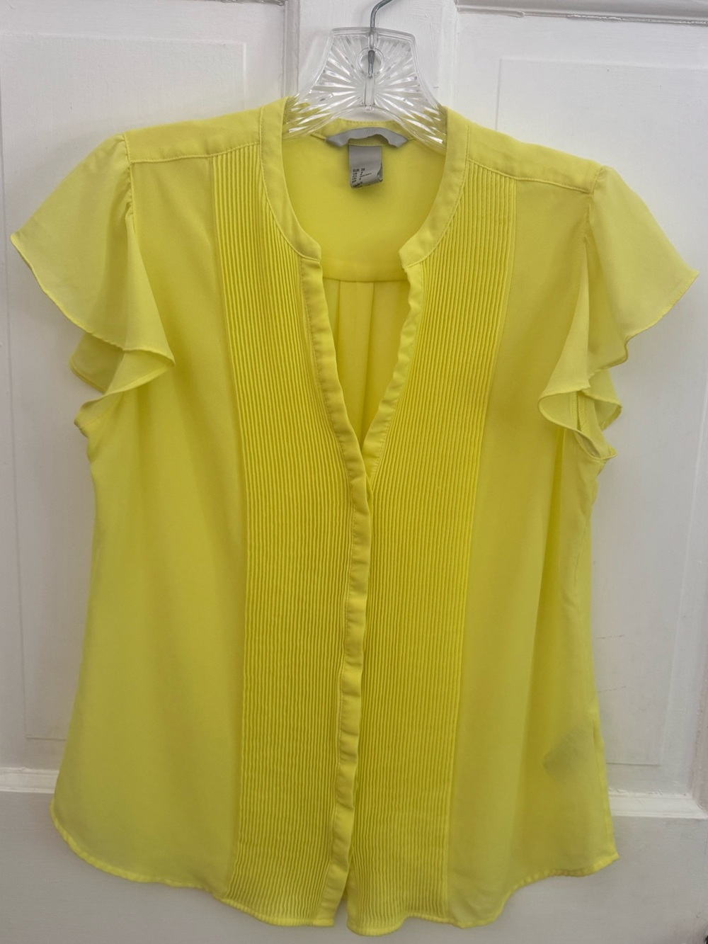 H&M Women’s Pintucked Pleated Yellow Flutter Sleeve Blouse Sheer Top, Size 8